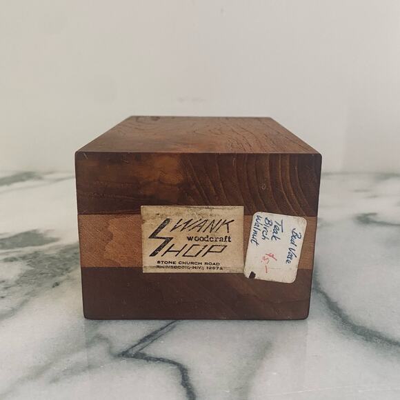 Vintage MCM Teak Birch Walnut Bud Vase Rectangle Pen Holder Handmade Wood Inlay - Picture 7 of 9